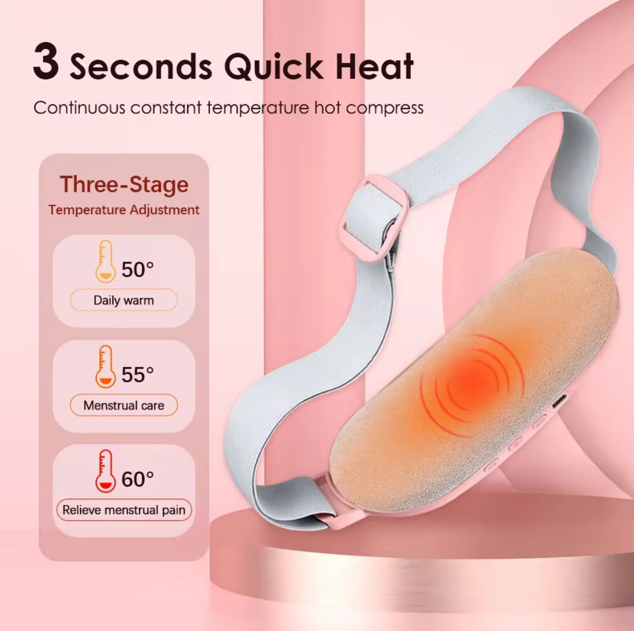 3 heat levels — 50°C daily warmth, 55°C menstrual care, 60°C pain relief